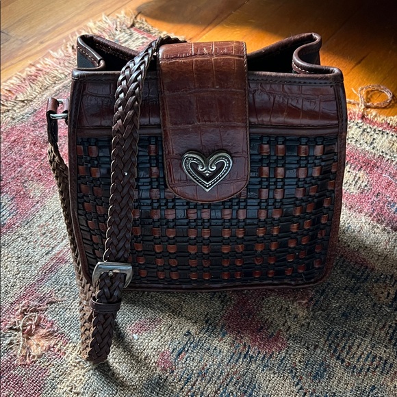 Vintage Brighton Black and Brown Woven Leather Cross-body Shoulder Stap Handbag - Picture 1 of 8